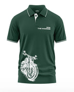 Green men's polo shirt with 'Ride the Warrior' text and white motorcycle graphic print