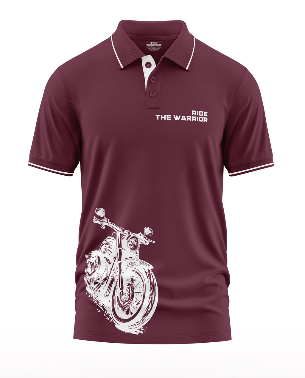 Maroon men's polo t-shirt with 'Ride the Warrior' text and white motorcycle graphic