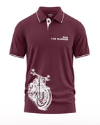 Maroon men's polo t-shirt with 'Ride the Warrior' text and white motorcycle graphic