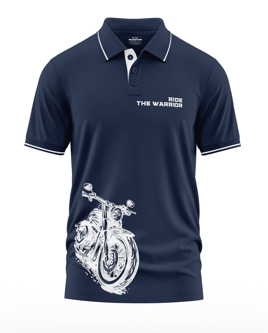 Navy blue men's polo t-shirt with 'Ride the Warrior' text and white motorcycle graphic.
