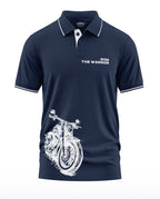 Navy blue men's polo t-shirt with 'Ride the Warrior' text and white motorcycle graphic.