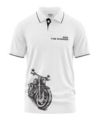 White men's polo t-shirt with 'Ride the Warrior' text and black motorcycle graphic print