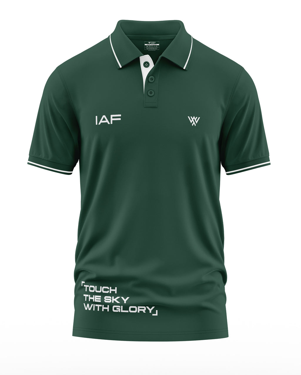 Dark green men's polo t-shirt with IAF and 'Touch the sky with glory' text, military-inspired design