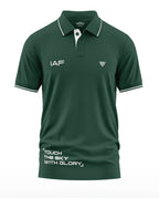 Dark green men's polo t-shirt with IAF and 'Touch the sky with glory' text, military-inspired design