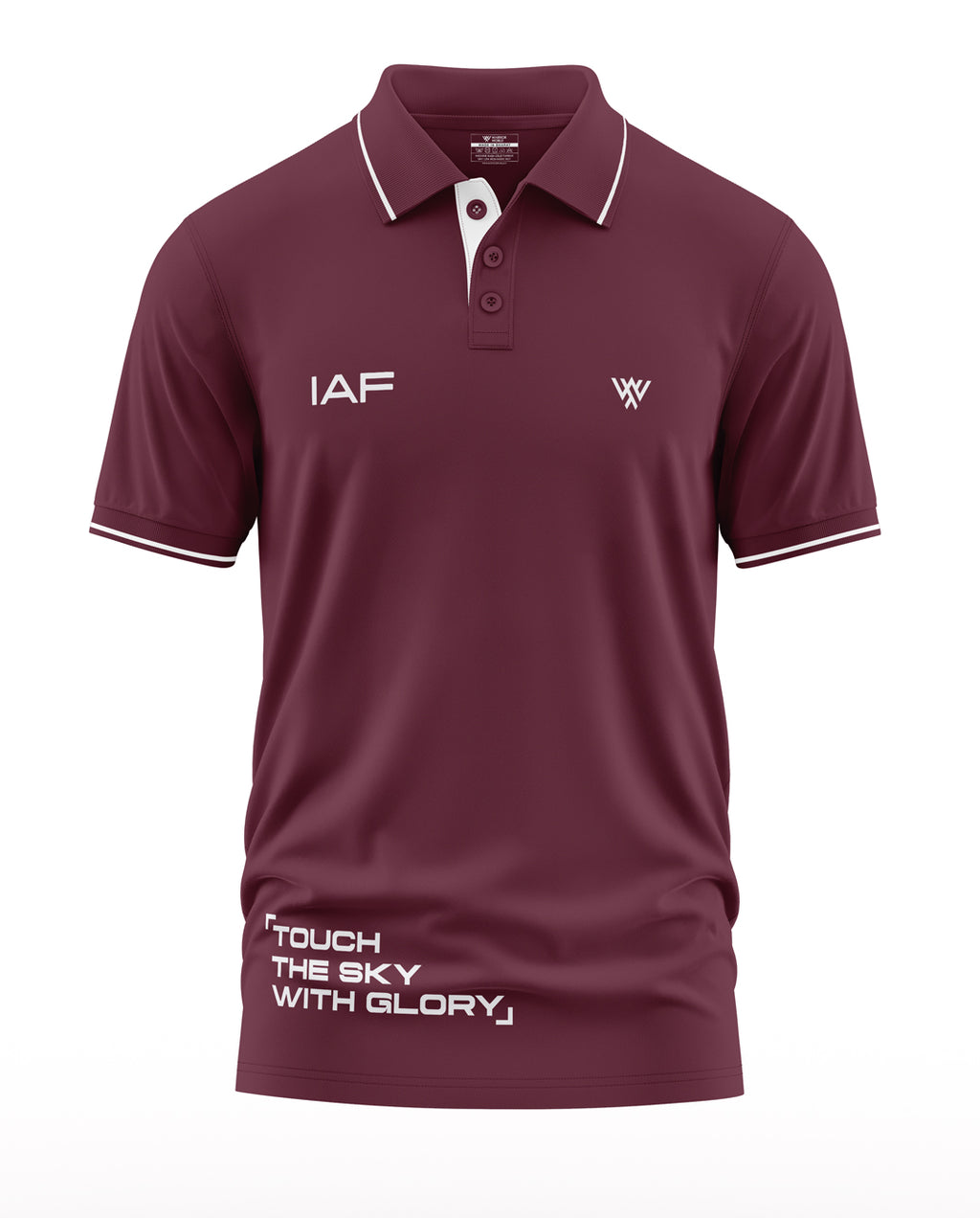 Maroon men's polo T-shirt with IAF and slogan 'Touch the Sky with Glory', white trim accents