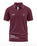Maroon men's polo T-shirt with IAF and slogan 'Touch the Sky with Glory', white trim accents