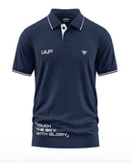 Navy blue men's polo t-shirt with 'IAF' and 'Touch the sky with glory' white text, short sleeves