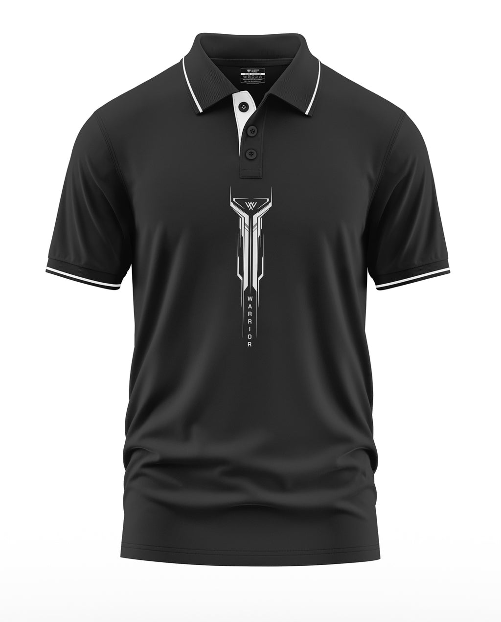 Black men's polo t-shirt with white trim and bold warrior graphic on chest