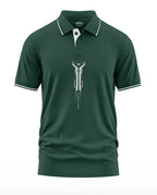 Green men's polo t-shirt with white trim and vertical warrior graphic on front