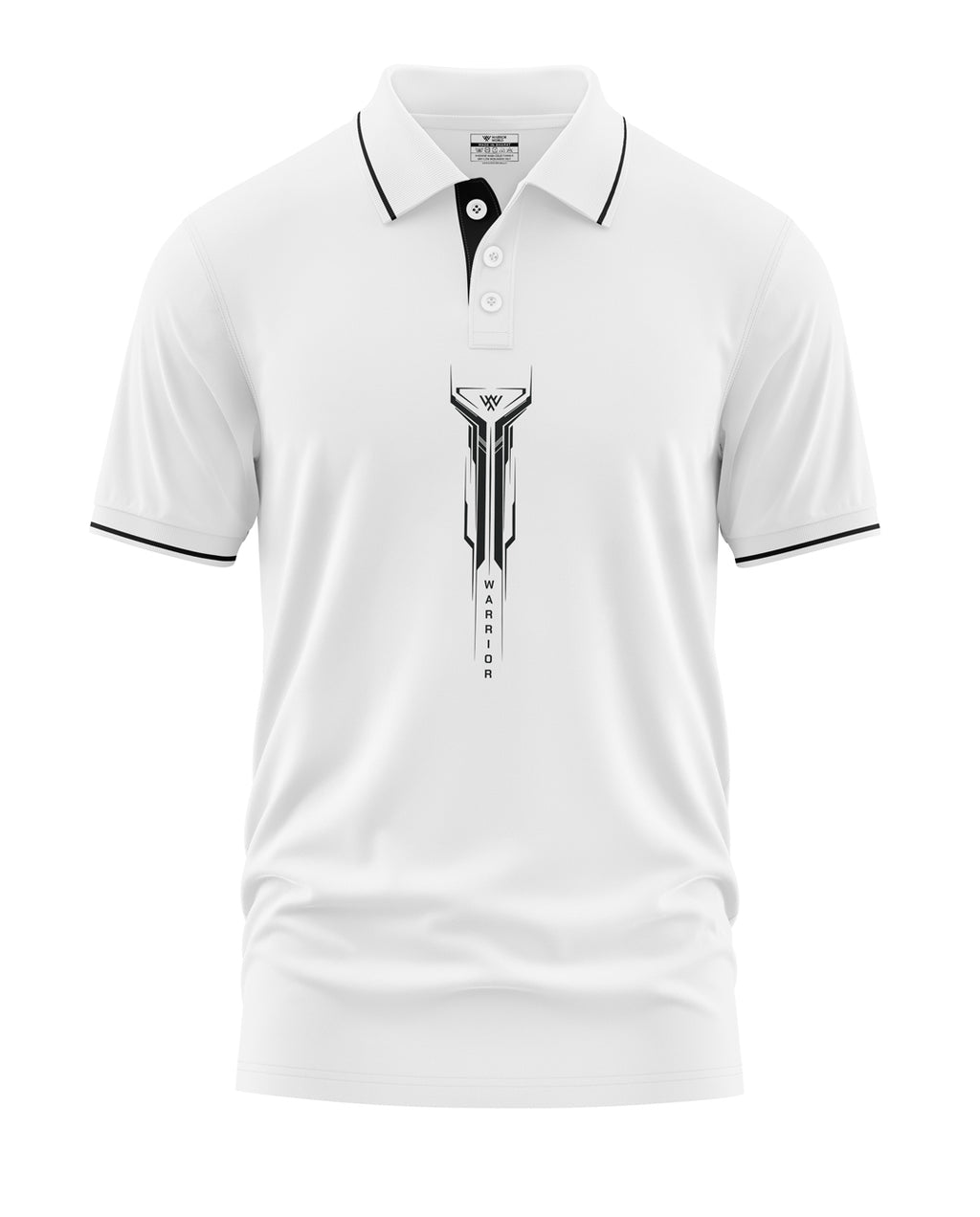 White men's polo t-shirt with black collar trim and graphic warrior design on front