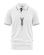 White men's polo t-shirt with black collar trim and graphic warrior design on front