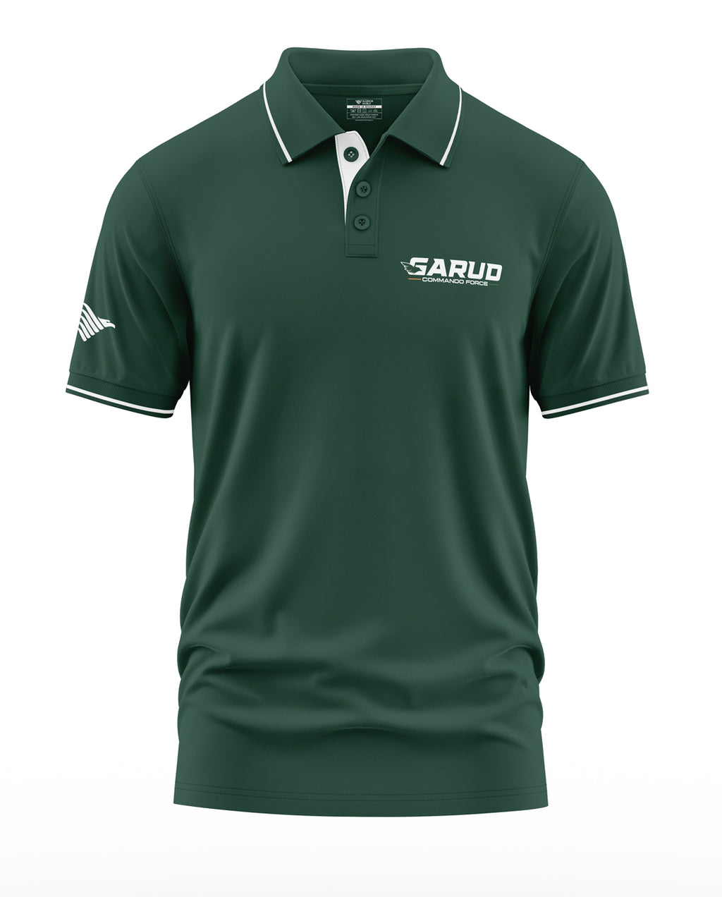 Dark green men's polo t-shirt with white piping, 'Garud Commando Force' logo on chest, short sleeves.