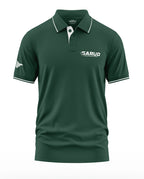 Dark green men's polo t-shirt with white piping, 'Garud Commando Force' logo on chest, short sleeves.