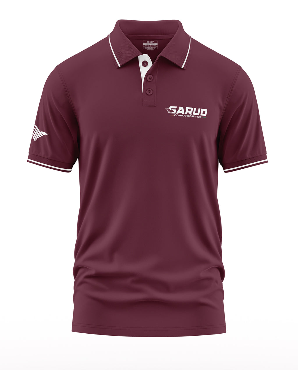 Maroon men's polo t-shirt with white trim and Garud Commando Force logo on chest