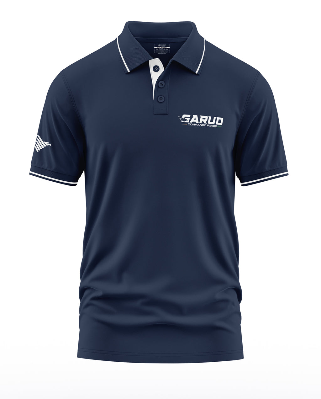 Navy blue men's polo t-shirt with white piping, GARUD Commando Force logo on chest, short sleeves