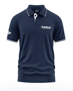 Navy blue men's polo t-shirt with white piping, GARUD Commando Force logo on chest, short sleeves
