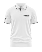 White men's polo t-shirt with black trim, GARUD Commando Force logo, and eagle patch on sleeve