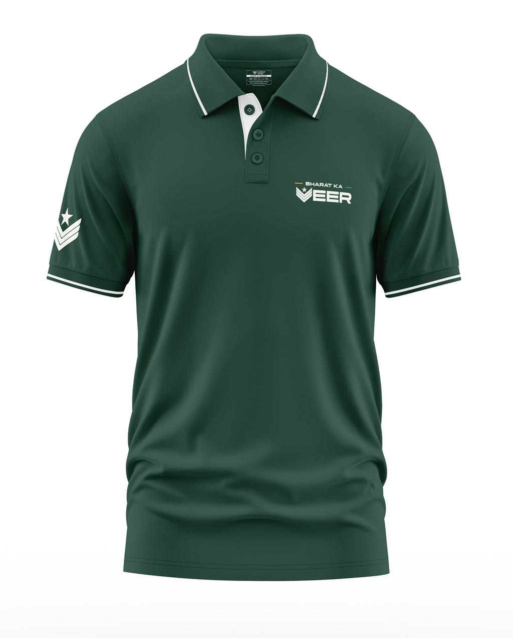 Army green men's polo t-shirt with white embroidered text and insignia, short sleeves, military style