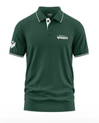 Army green men's polo t-shirt with white embroidered text and insignia, short sleeves, military style