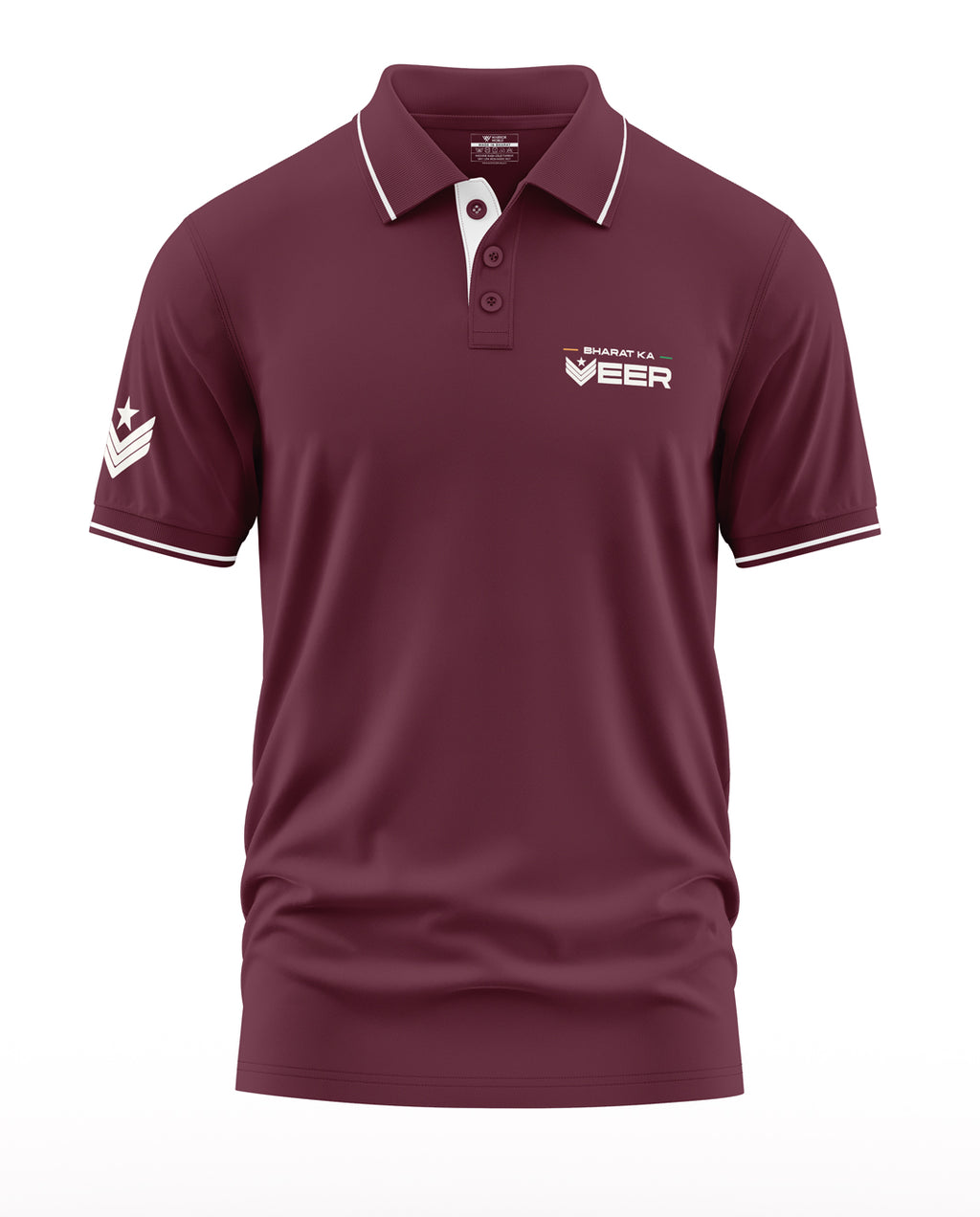 Maroon polo t-shirt with white collar and sleeve trim, military insignia on sleeve, front logo print.