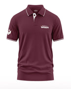 Maroon polo t-shirt with white collar and sleeve trim, military insignia on sleeve, front logo print.