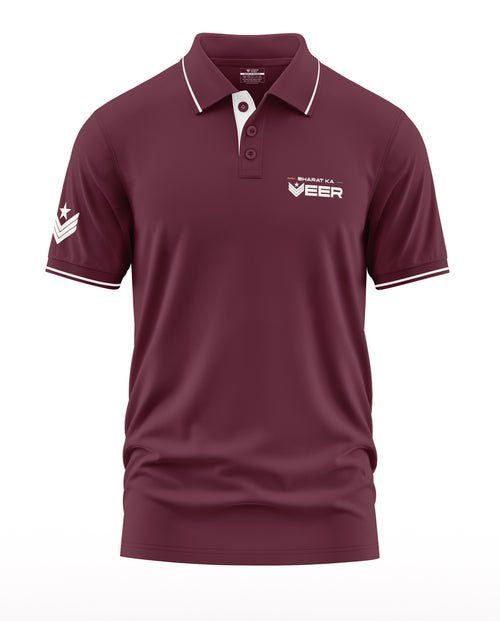 Maroon polo t-shirt with white collar and sleeve trim, military insignia on sleeve, front logo print.