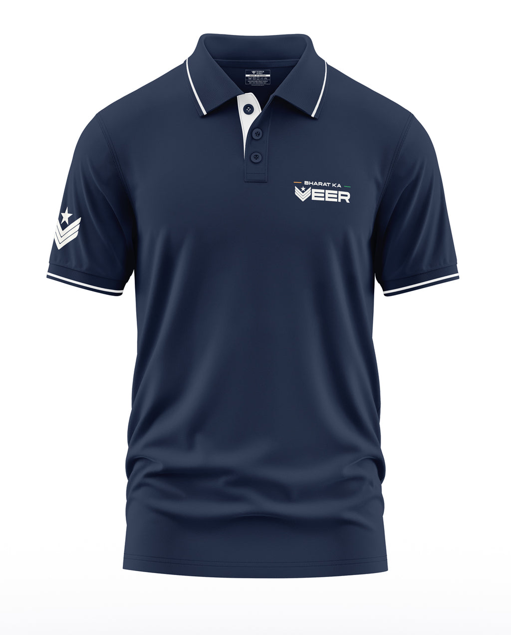 Navy blue men's polo t-shirt with white piping, embroidered badge, and 'Bharat Ka Veer' text.