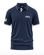 Navy blue men's polo t-shirt with white piping, embroidered badge, and 'Bharat Ka Veer' text.
