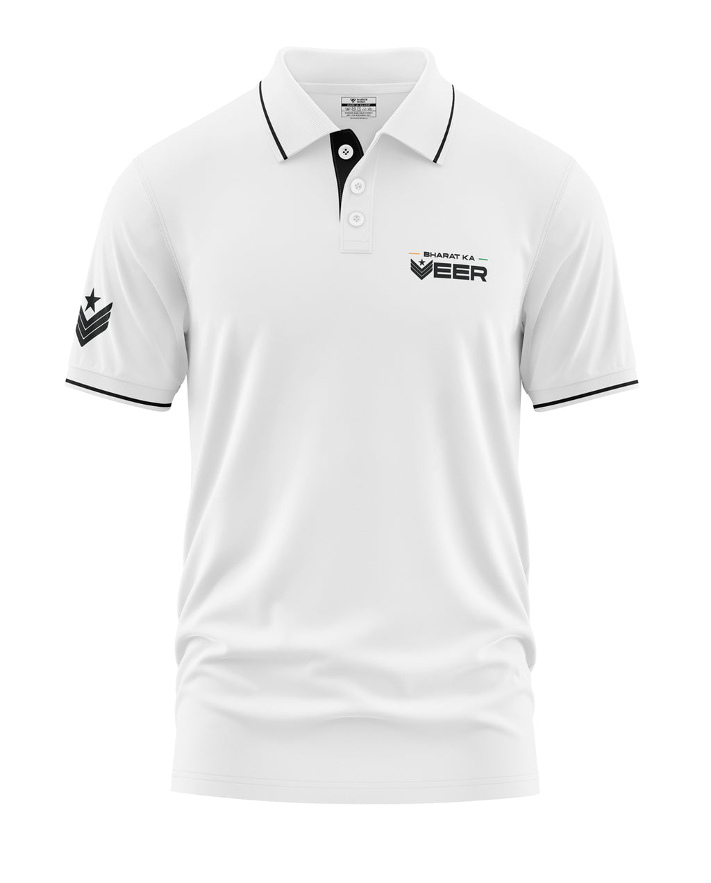 White men's polo t-shirt with 'Bharat Ka Veer' text, black collar trim, and sleeve emblem