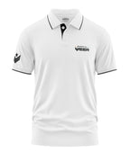 White men's polo t-shirt with 'Bharat Ka Veer' text, black collar trim, and sleeve emblem