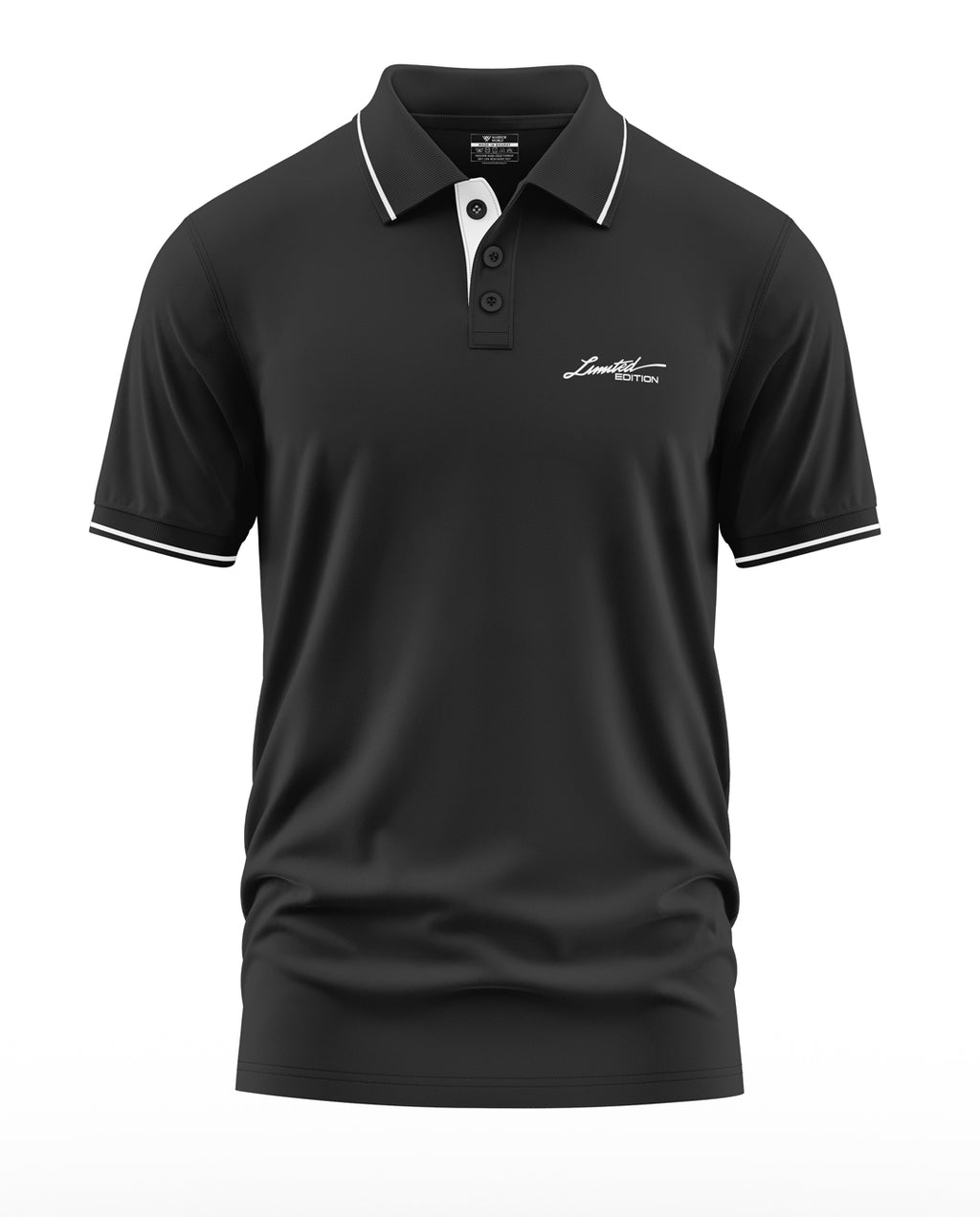 Black men's polo t-shirt with white trim and 'Limited Edition' chest embroidery