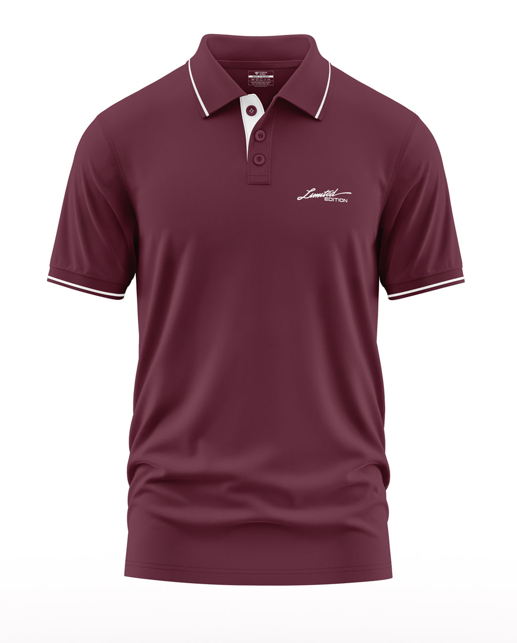 Men's maroon polo t-shirt with white trim and 'Limited Edition' chest print