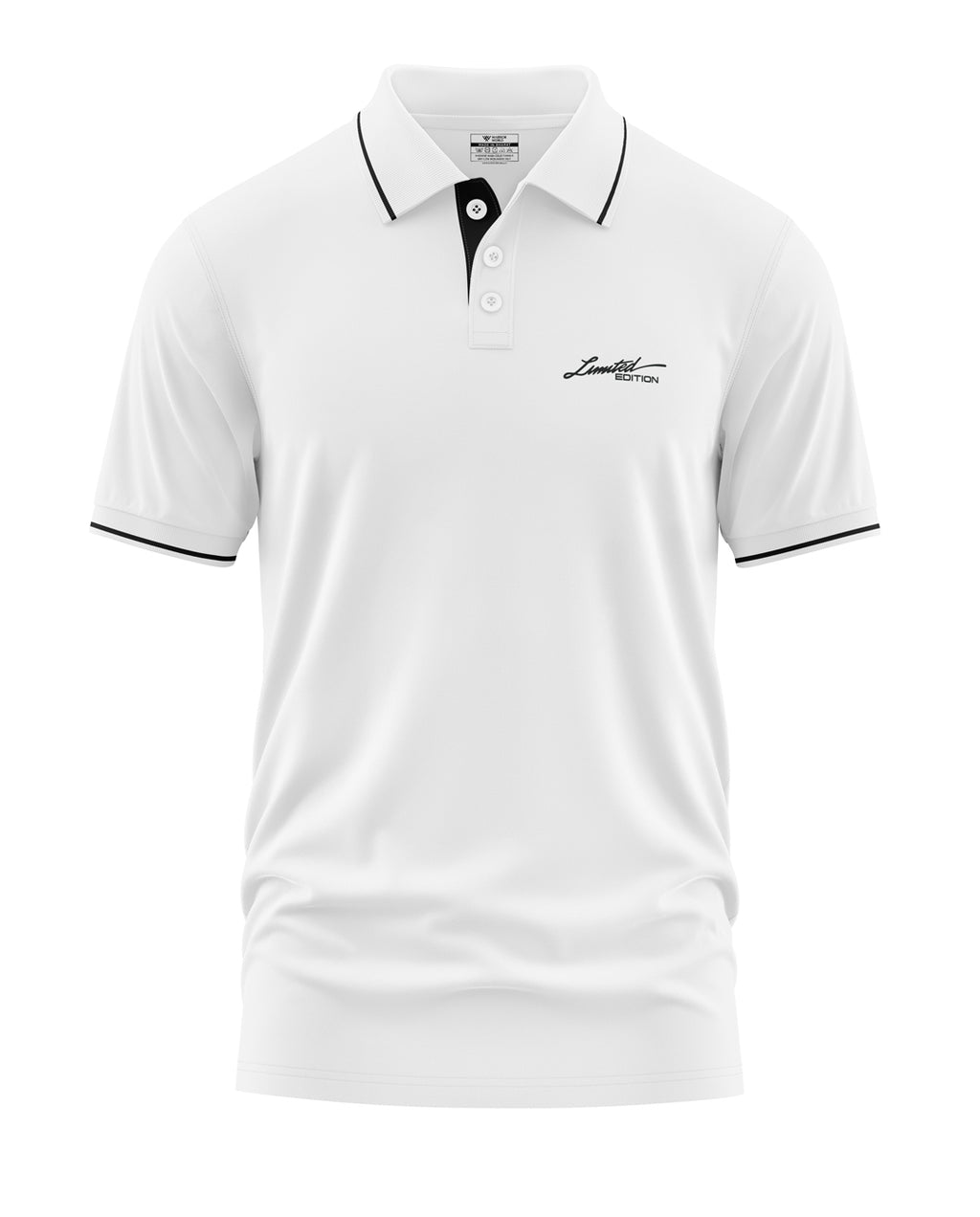 White men's polo t-shirt with black collar trim, Limited Edition text on chest, short sleeves