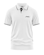 White men's polo t-shirt with black collar trim, Limited Edition text on chest, short sleeves