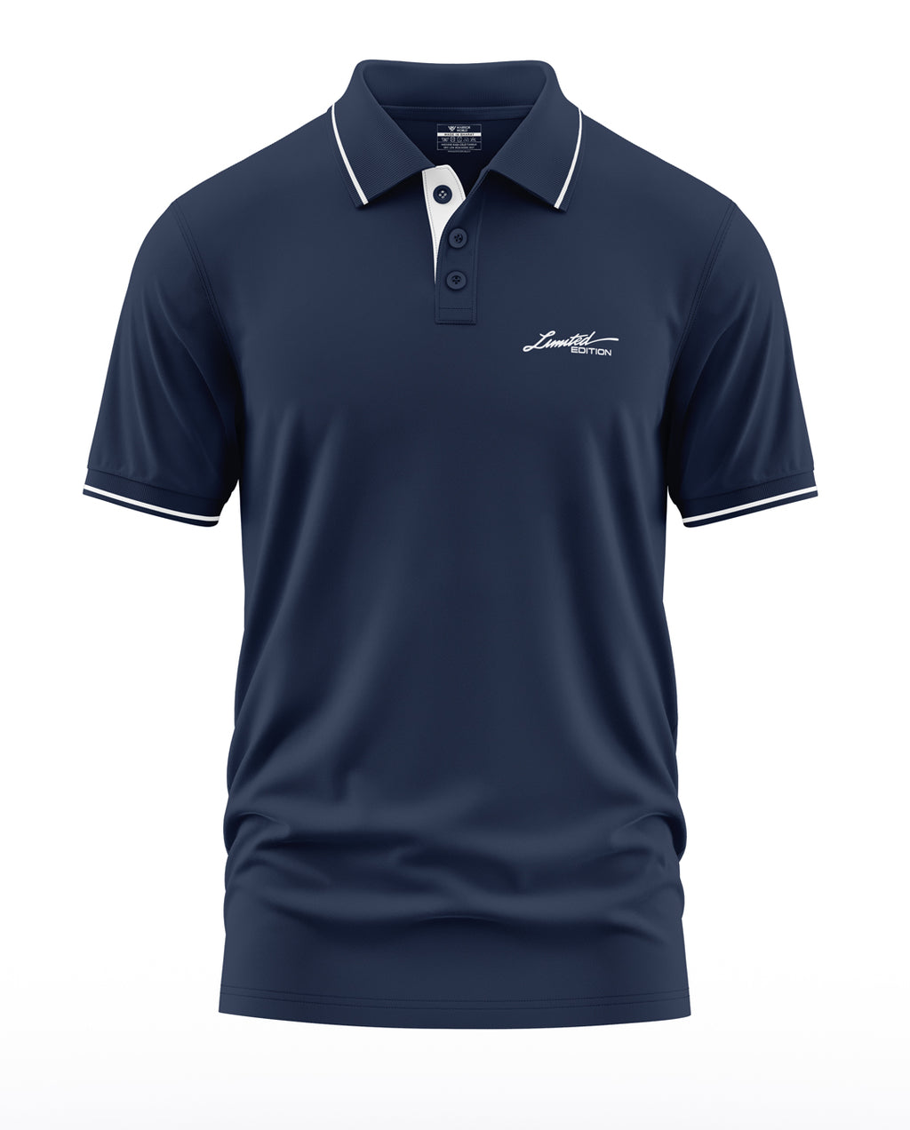 Men's navy blue polo t-shirt with white collar trim and 'Limited Edition' chest text