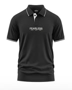 Black men's polo t-shirt with 'FEARLESS Blood Sweat Tears' text, white collar trim