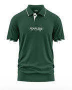 Green men's polo t-shirt with 'FEARLESS' slogan and white collar trim, front view