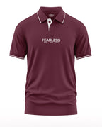 Maroon men's polo t-shirt with 'FEARLESS Blood Sweat Tears' text, short sleeves, white trim