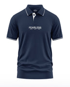 Navy blue men's polo t-shirt with 'FEARLESS' and 'BLOOD SWEAT TEARS' text, white collar trim