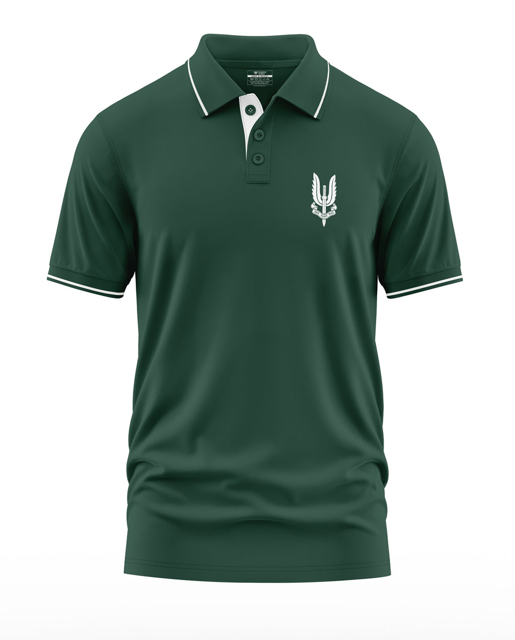 Green men's polo t-shirt with white collar trim and military-inspired chest logo