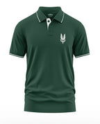 Green men's polo t-shirt with white collar trim and military-inspired chest logo