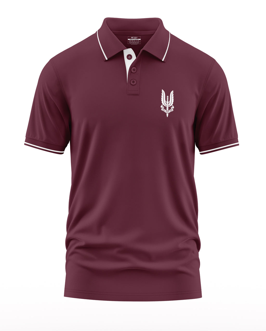Maroon men's polo t-shirt with white trim, front button placket, and military-inspired chest logo