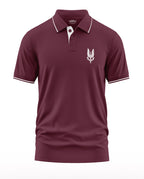 Maroon men's polo t-shirt with white trim, front button placket, and military-inspired chest logo