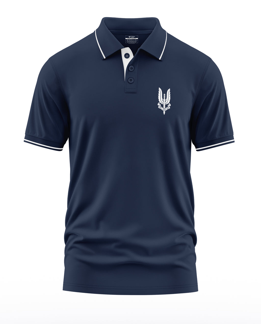 Men's navy blue polo t-shirt with white military-inspired logo and contrast collar