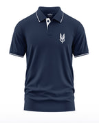 Men's navy blue polo t-shirt with white military-inspired logo and contrast collar