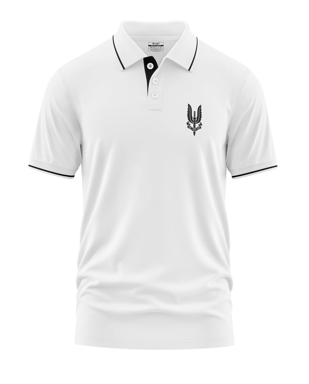 White men's polo t-shirt with black collar trim and front chest military-inspired logo