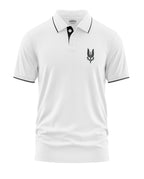 White men's polo t-shirt with black collar trim and front chest military-inspired logo