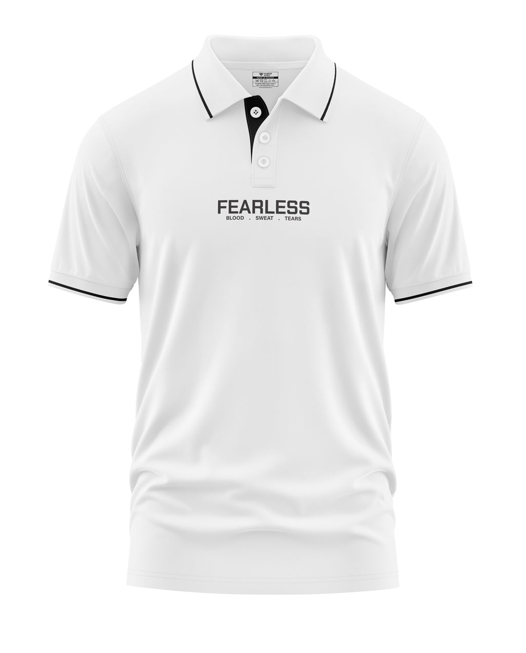 White men's polo t-shirt with black collar trim and 'FEARLESS' text on chest