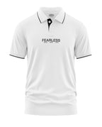 White men's polo t-shirt with black collar trim and 'FEARLESS' text on chest