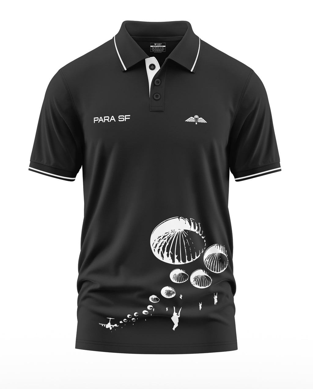 Black polo t-shirt with PARA SF text, white parachute and aircraft graphic, army inspired style